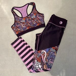 Wave life women size XS UPF50+ Aquatic LEGGINGS and SPORT BRA stripes paisley